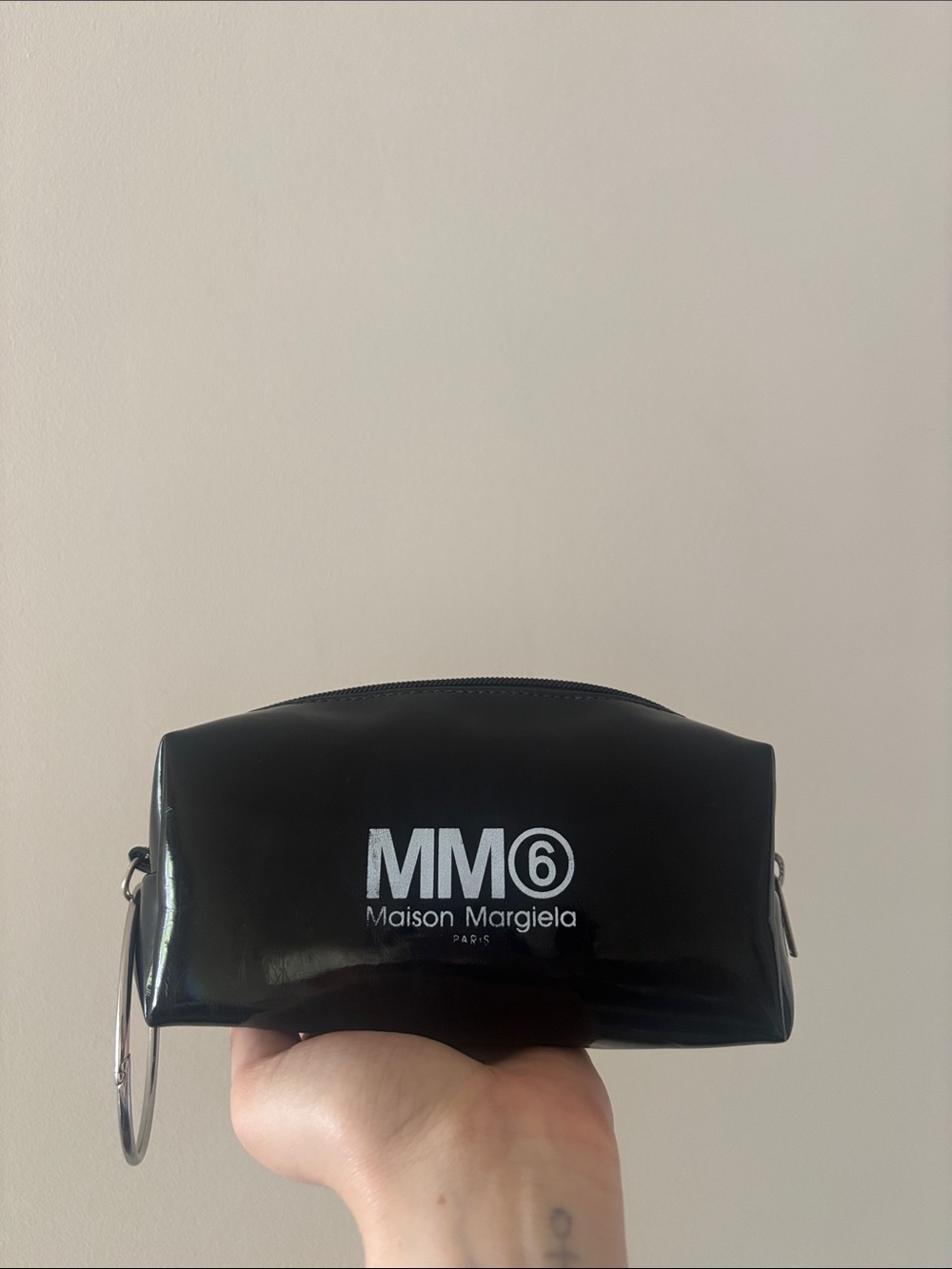 MM6 Maison Martin Margiela Black Patent holographic Logo Pouch with Keyring